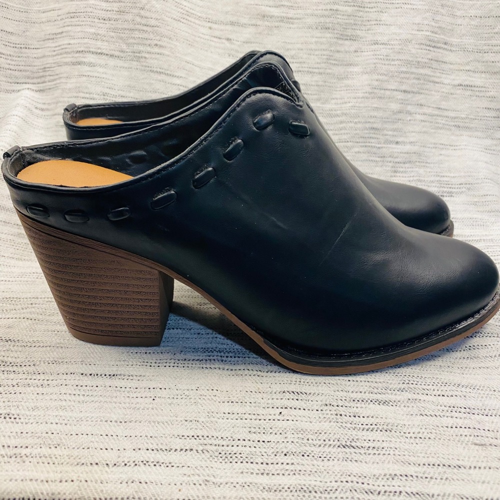 Cloudwalkers Jasmine Black Faux Leather Block Heel Mules Size 8W Minimalist Boho